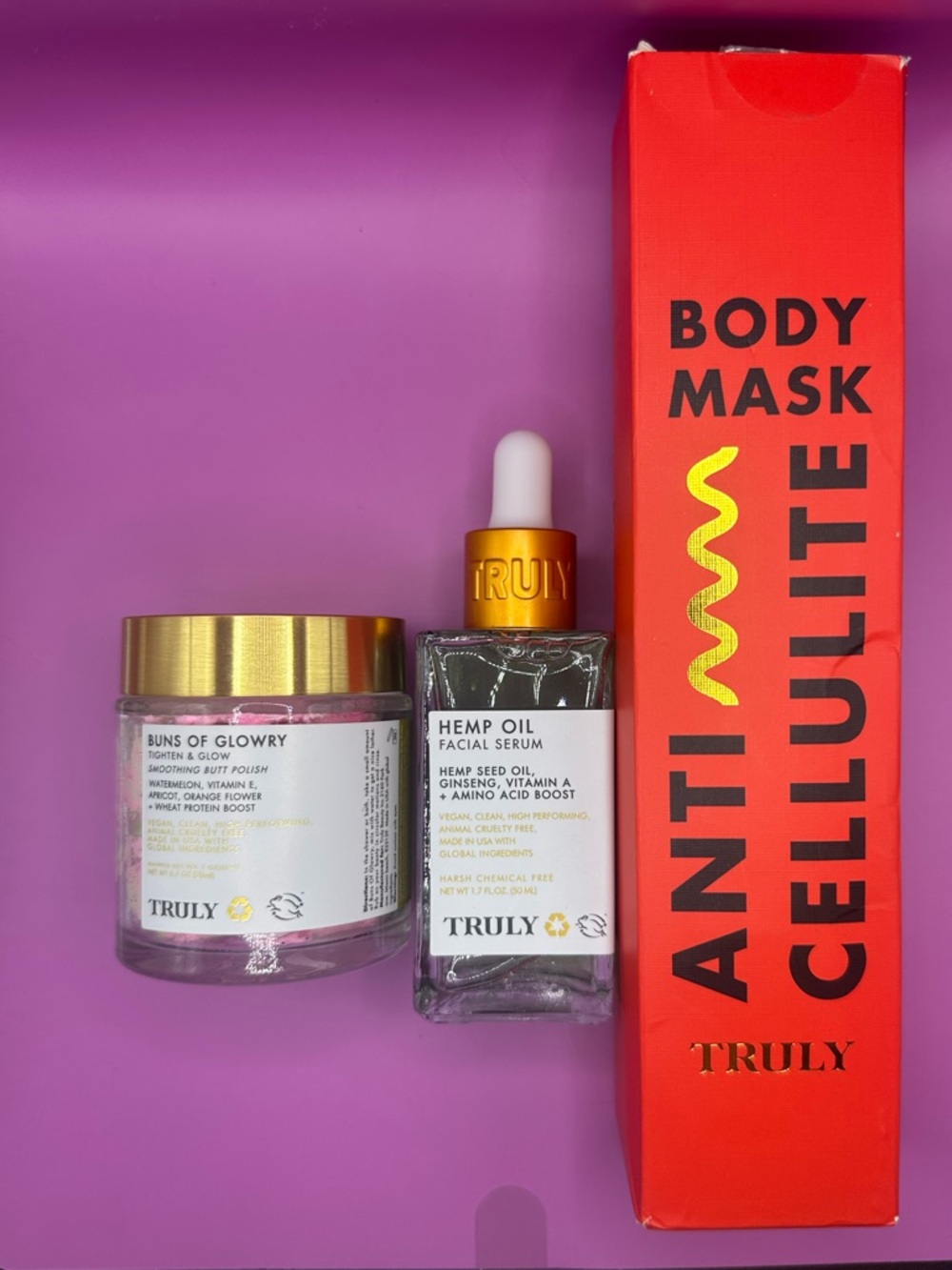 TRULY Anti‑Cellulite Body Mask & Hemp Oil Facial Serum & buns of glowry